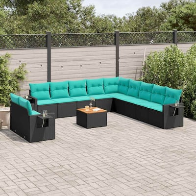 vidaXL 12 Piece Patio Sofa Set with Cushions Black Poly Rattan - 24.4" x 24.4" x 27.2"