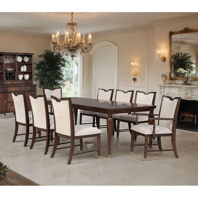 Transitional Dark Cherry Finish Dining Set Upholstered Chairs and Table - 9-Piece Set