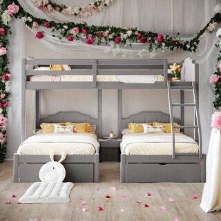 Simple Full Over Twin & Twin Triple Bunk Bed With Drawers and Guardrails