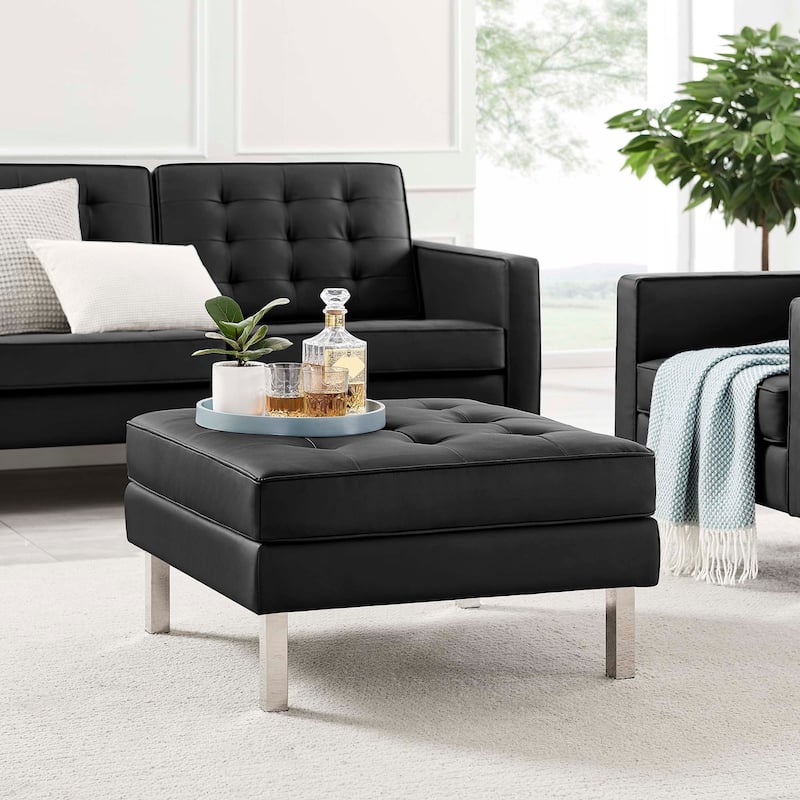 Loft Tufted Vegan Leather Ottoman - Black