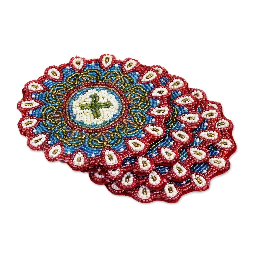 NOVICA Artisan Handblown Glass Beaded Coaster From India Multicolor Floral Barware 'Floral Brilliance' (Set of 4)