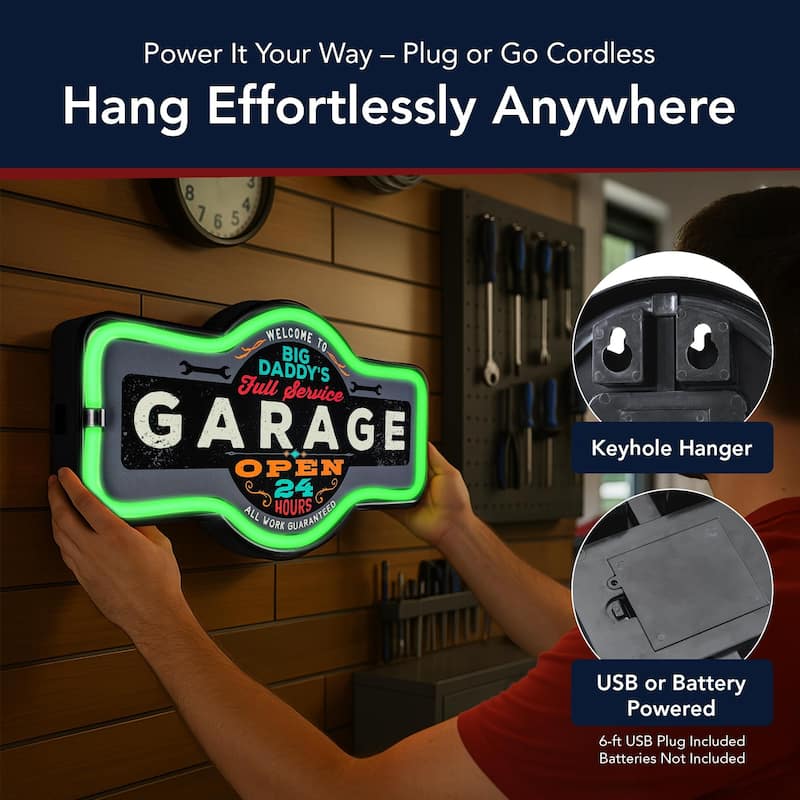 American Art Decor Big Daddy's Garage Marquee Shaped LED Light Up Sign Wall Decor for Man Cave Bar Garage - Grey