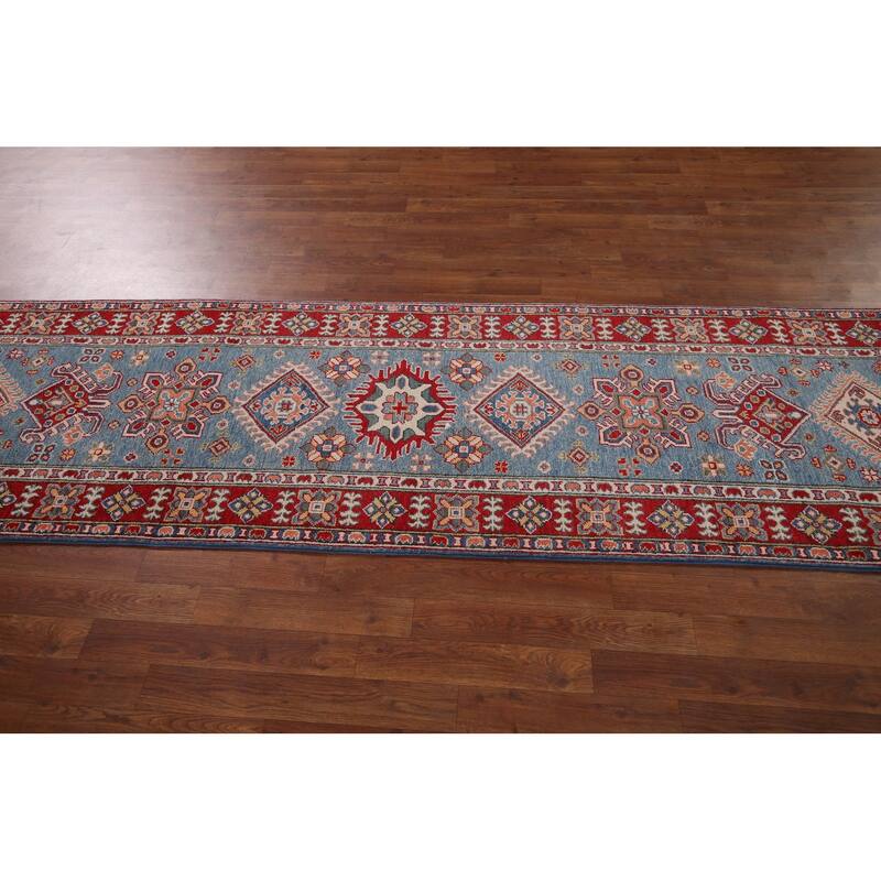Blue Geometric Kazak Oriental Runner Rug Handmade Wool Carpet - 2'8" x 9'9"
