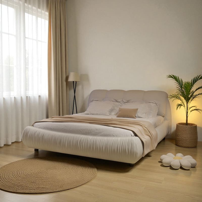 Queen/King Size Luxury Upholstered Platform Bed with Oversized Padded Headboard, Solid Wood Frame & Adjustable Mattress Height - Beige - Queen