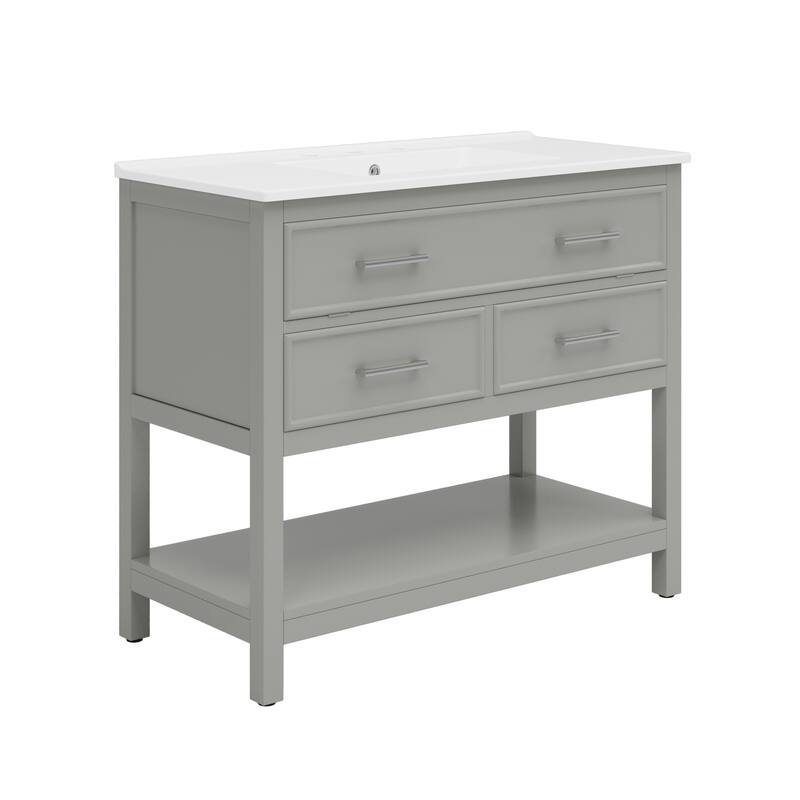36" Bathroom Vanity with Ceramic Sink, Tip-Out Tray, 2 Full-Extension Soft Close Drawers, Silver Pulls and Open Shelf