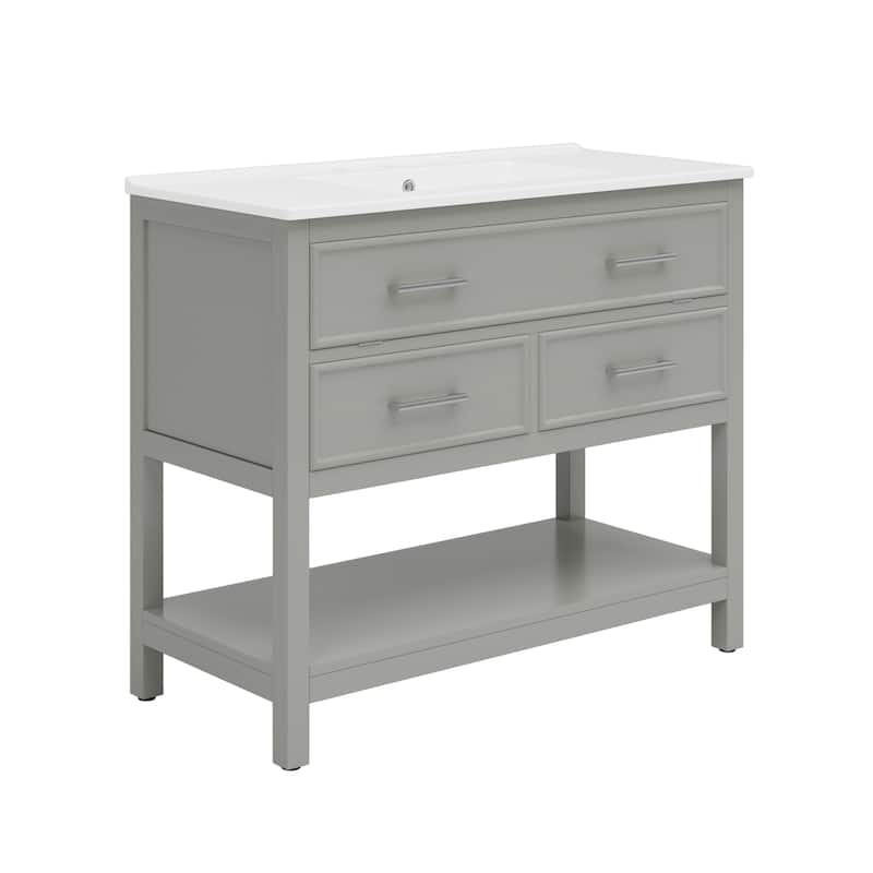36" Vanity with Ceramic Sink,Vanity with Tip-Out Tray and 2 Full-Extension Drawers,Pulls and Close Drawer Slides Design