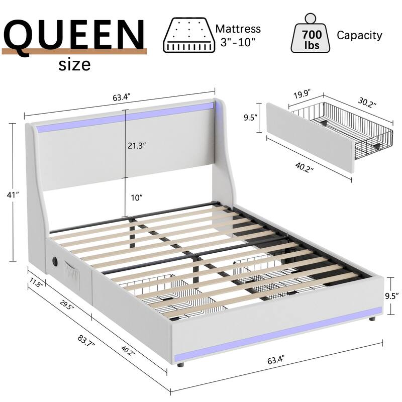 Javlergo Bed Frame with LED Lights and Charging Station Linen Fabric Bed with Drawers Wooden Slats