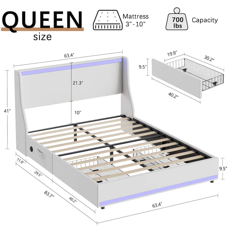 VECELO Modern LED Upholstered Platform Bed Frame with 2 Storage Drawers, USB & Type-C Ports, Full/Queen Size Bed