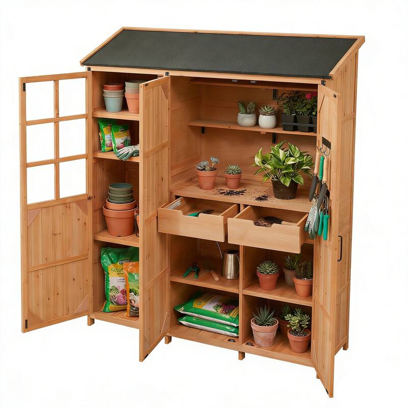 72" Large Patio Garden Shed with Waterproof Roof, Outdoor Storage Cabinet with Workstation & Hooks