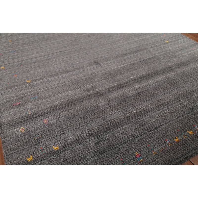 Gray Striped Gabbeh Indian Area Rug Handmade Wool Carpet - 7'10"x 9'7"