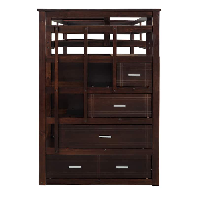 Hardwood Twin Over Twin Bunk Bed with Trundle and Staircase