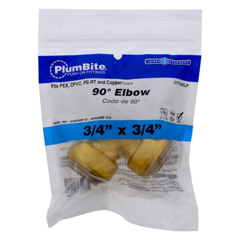 Jones Stephens 3/4" PlumBite Push On 90� Elbow, Bag of 1