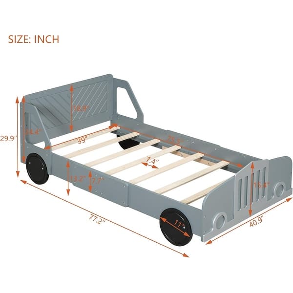 dimension image slide 4 of 6, Twin/Full Car Bed for Kids, Car Shaped Platform Bed with Wheels, Headboard and Footboard, Toddler Car Bed Slat Support