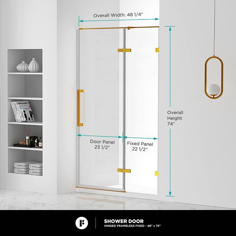 Fine Fixtures Hinged Clear Frameless Glass Shower Door Enclosure
