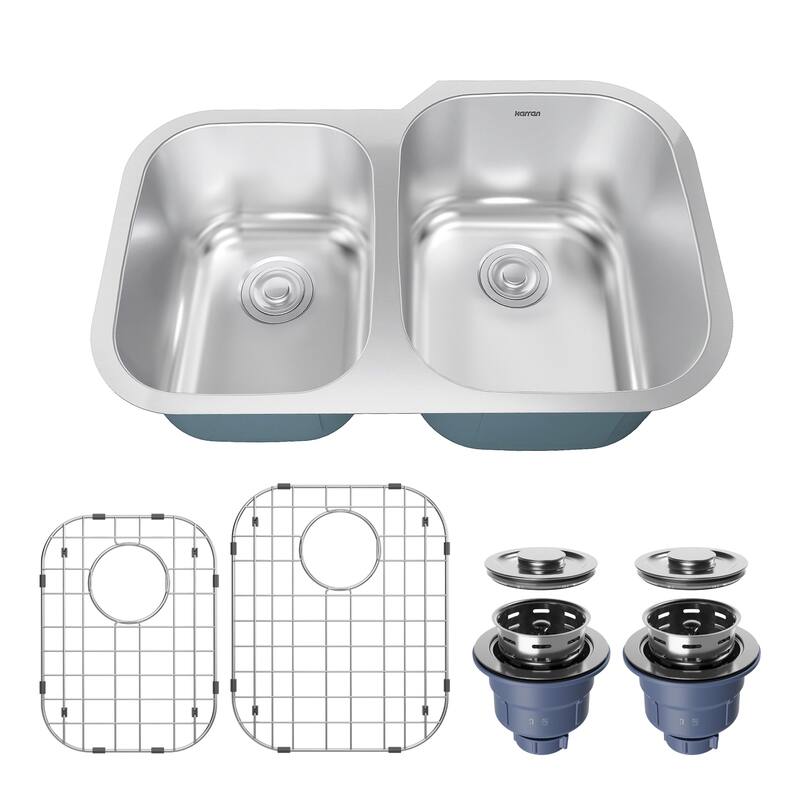 Karran Profile 31" Undermount 18 Gauge Double Offset Bowl Stainless Steel Kitchen Sink with Accessories