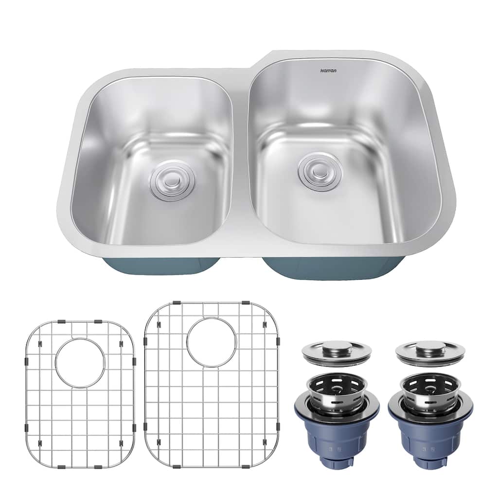 Karran Profile 31" Undermount 18 Gauge Double Offset Bowl Stainless Steel Kitchen Sink with Accessories