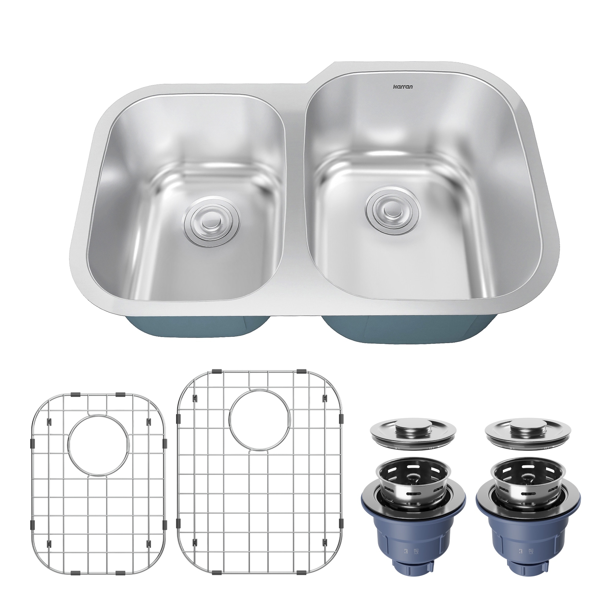 Karran Profile 31" Undermount 18 Gauge Double Offset Bowl Stainless Steel Kitchen Sink with Accessories - Stainless Steel