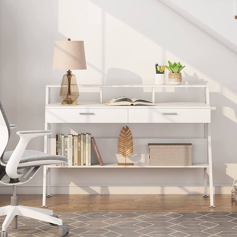 Computer Writing Desk with 2 Drawers and Storage Shelf, Monitor Stand