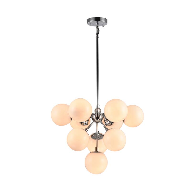 10 Light Chrome Steel Pendant Lighting with White Glass Shades