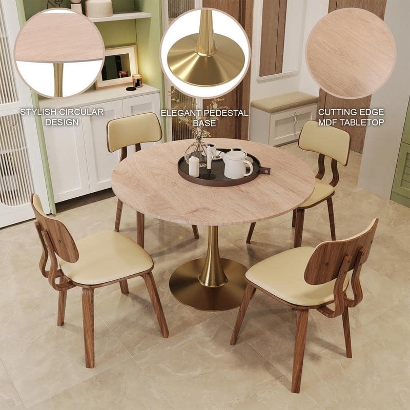 Bristol 35" Round Dining Table for 4 with MDF Tabletop in Gold Steel Base for Kitchen & Dining Room