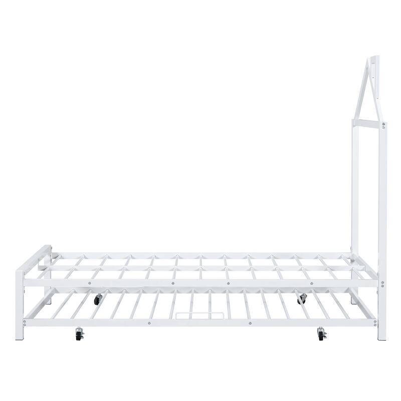 Metal Platform Bed with Twin Size Trundle,House-Shaped Headboard