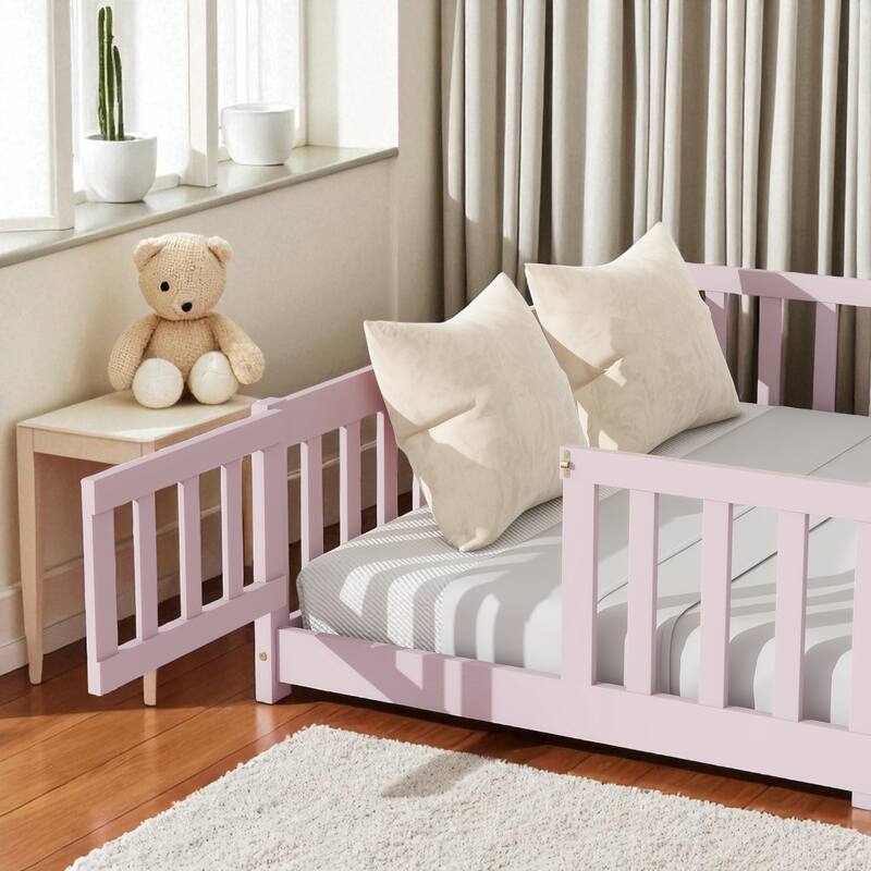 Full Size Rubber Wood Floor Bed with Fence, Door and Safety Guardrails for Kids