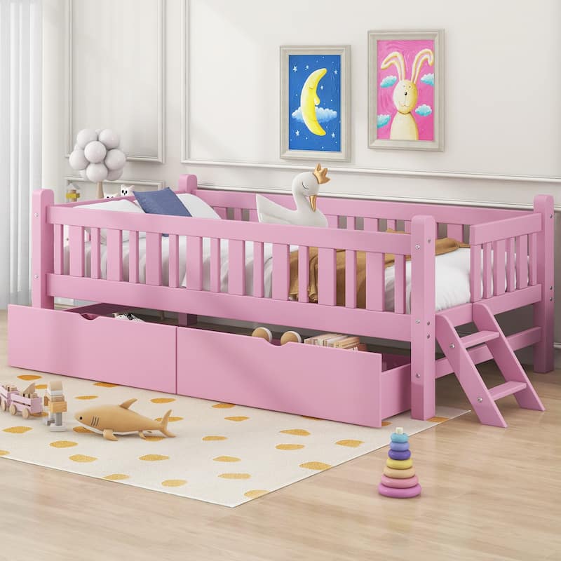 Twin Wood Platform Bed with Fence & 2 Drawers, No Box Spring Needed - Pink