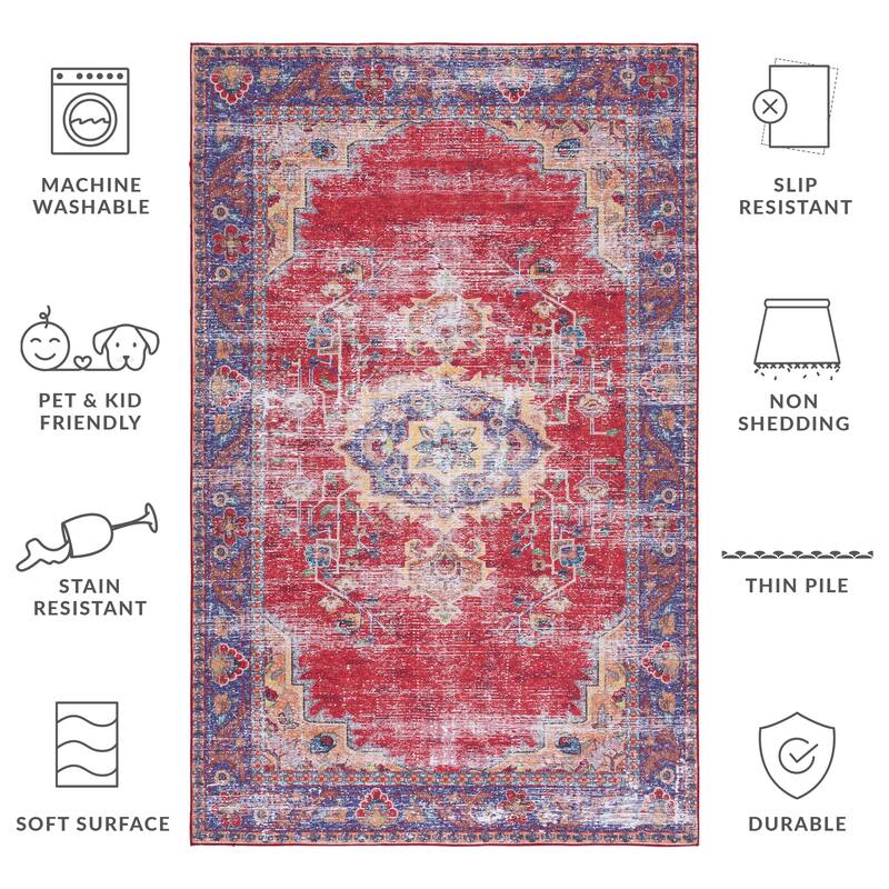 SAFAVIEH Tucson Machine Washable Slip Resistant Khulud Traditional Rug - 4' x 6' - Red/Navy