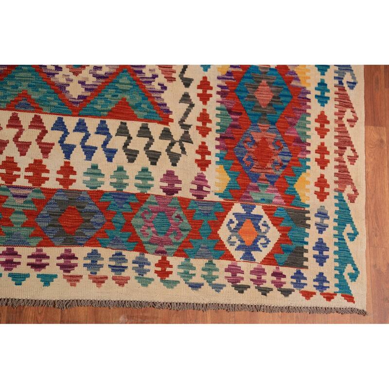 Geometric Trellis Kilim Oriental Area Rug Hand-Woven Wool Carpet - 10'5"x 13'0"
