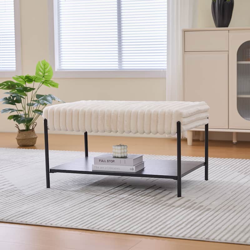 30.7"Wide Upholstered Ottoman Coffee Table Foot Rest With Metal Legs,Footstool With Wooden Open Storage Shelf,Faux Fur