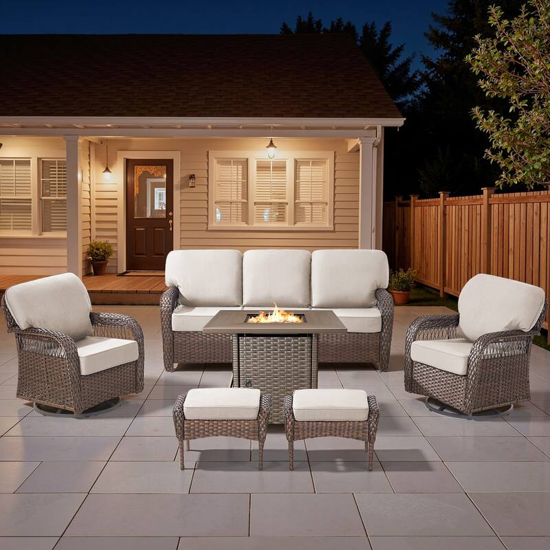 Pocassy Outdoor Sofa Ottoman Swivel Chair Table with Fire Table Set. - Brown Wicker Beige Cushion - 6-Piece Sofa Swivel Chair Ottoman w/ Fie Table