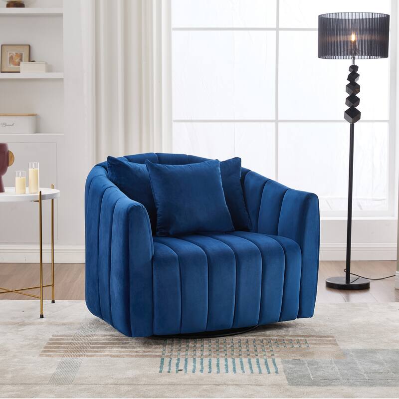 40.35"W Upholstered Oversized Accent Barrel Chair and Half Cozy 360°Swivel Sofa with 3 Pillows, Pumpkin-Shape Club Armchair - Navy