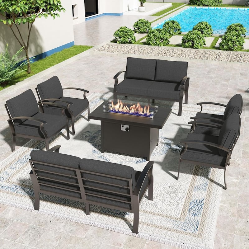 Kullavik Aluminum Outdoor Patio Furniture with Curved Armrests & Firepit Table - 8 seats w/FirePit - Black