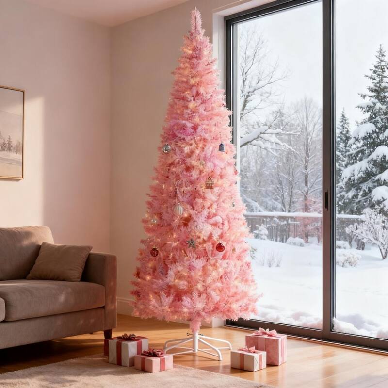 Pencil Shape with Christmas Tree,Snow Flocked Artificial Christmas Tree with Pine Realistic Branches,Warm White LED lights - Pink,White