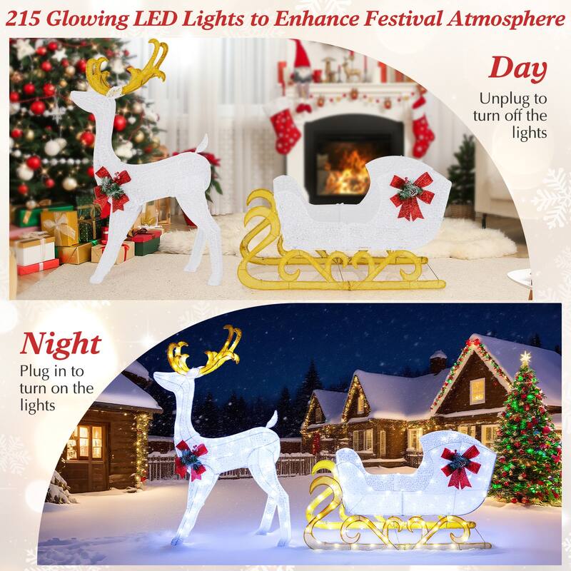 Lighted Reindeer and Sleigh Christmas Yard Decoration with 215 LED Lights for Outdoor Display