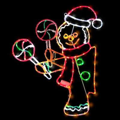 Puleo International 2' Gingerbread Window Decoration with 159 Multi-Color LED Tube Lights with Motion - Brown