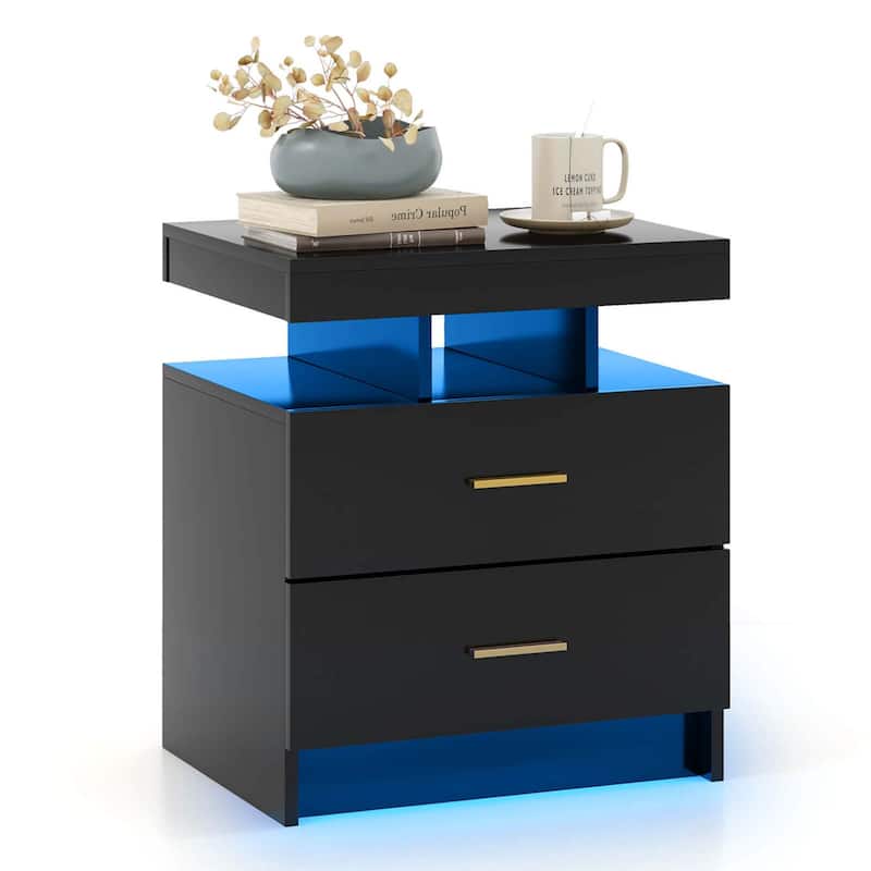 1/2PCS LED Nightstand w/ 2 Drawers Adjustable Light Remote Control - 1 PCS