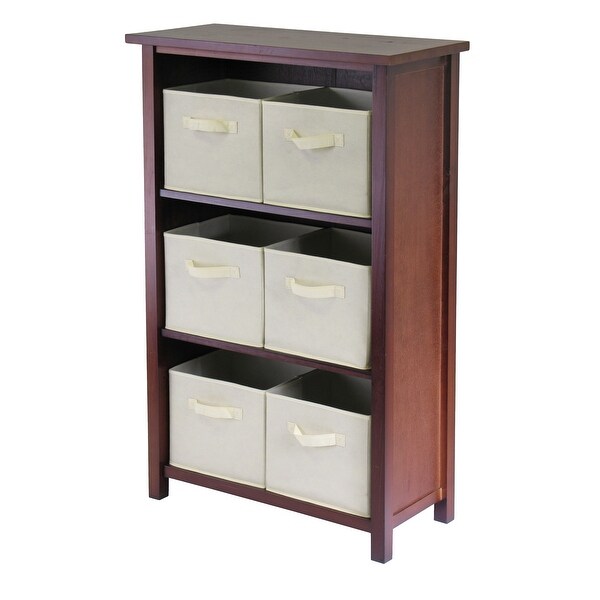 42.75” Brown and Beige Three Section Storage Shelf with Six Foldable Fabric Basket - N/A