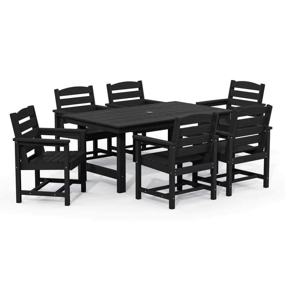 7-Piece HDPE Outdoor Dining Table Sets with Umbrella Hole - 1-Table 6-Chairs
