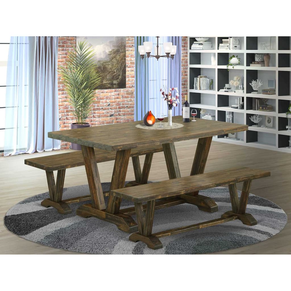 HomeStock 3-Piece Rectangle Distressed Jacobean Finish Solid Wood Top Dining Table with 2-Benches