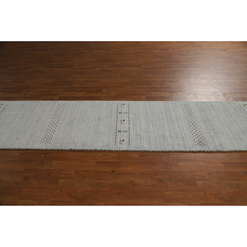 Grey Tribal Gabbeh Indian Runner Rug Hand-Knotted Wool Carpet - 2'4" x 9'8"