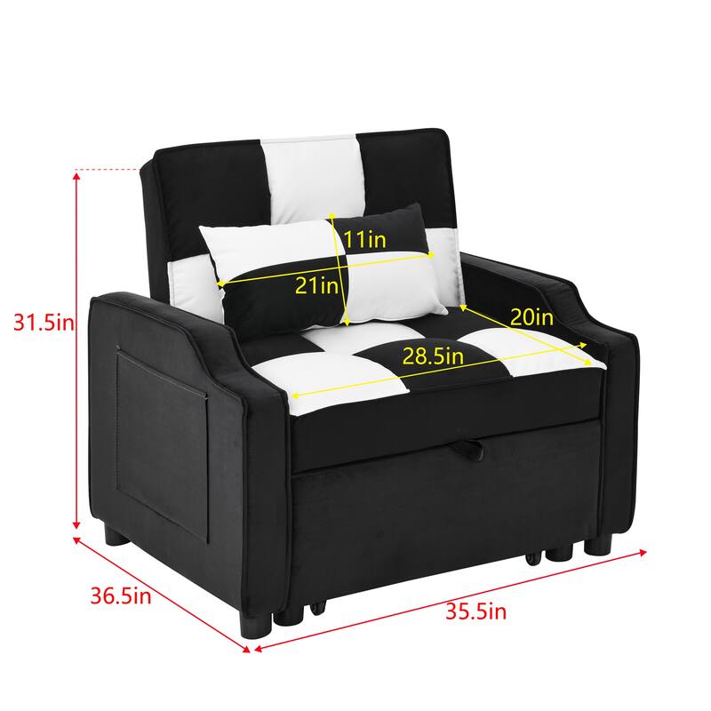 Black White Velvet 35.5" Convertible Single Sleeper Sofa with Pull-out Bed, Storage Pocket, and Pillows