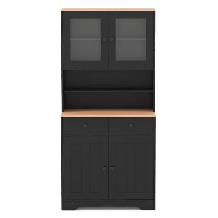 Pantry Cabinet with Glass Doors Adjustable Shelves and 2 Drawers for Kitchen Storage - 31.5" x 16.5" x 67" - Black