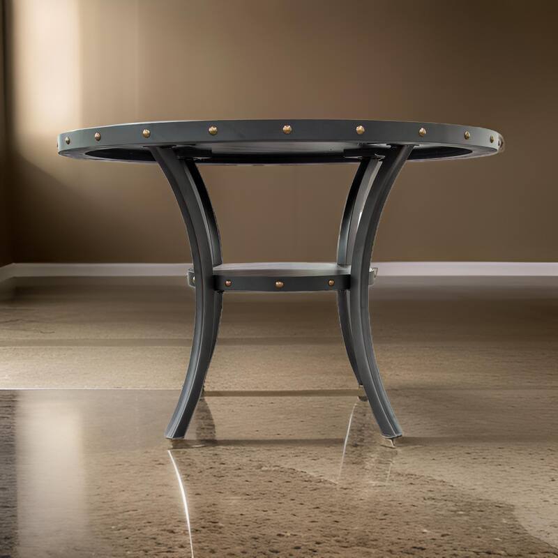 Sie 48 Inch Dining Table, Round Nailhead Trim Top with Shelf, Black Wood