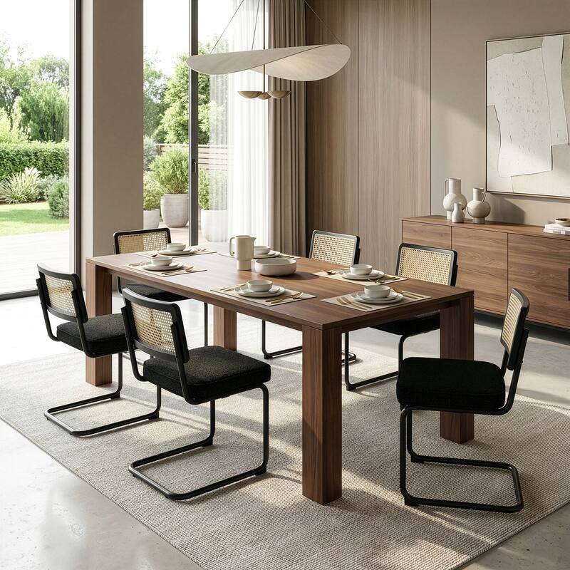 Set of 2 Aziel Black Boucle Dining Chair with Rattan Backrest and Black Iron Legs