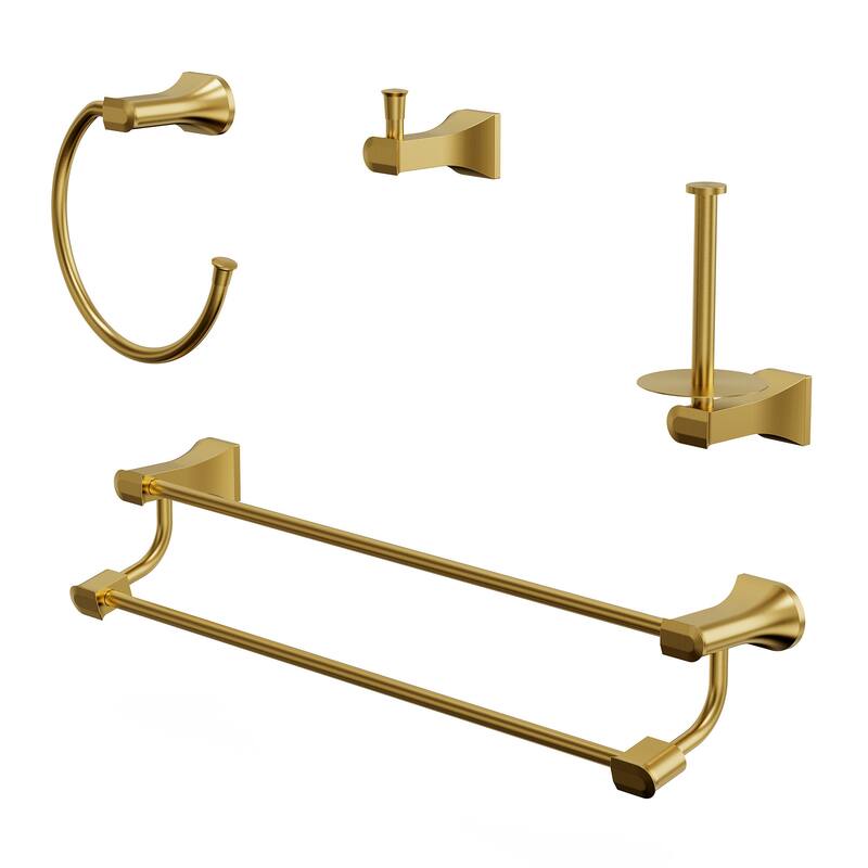 GRANDJOY 4-Piece Stainless Steel Bathroom Hardware Set with Wall Mount Double Towel Bar - Brushed Gold