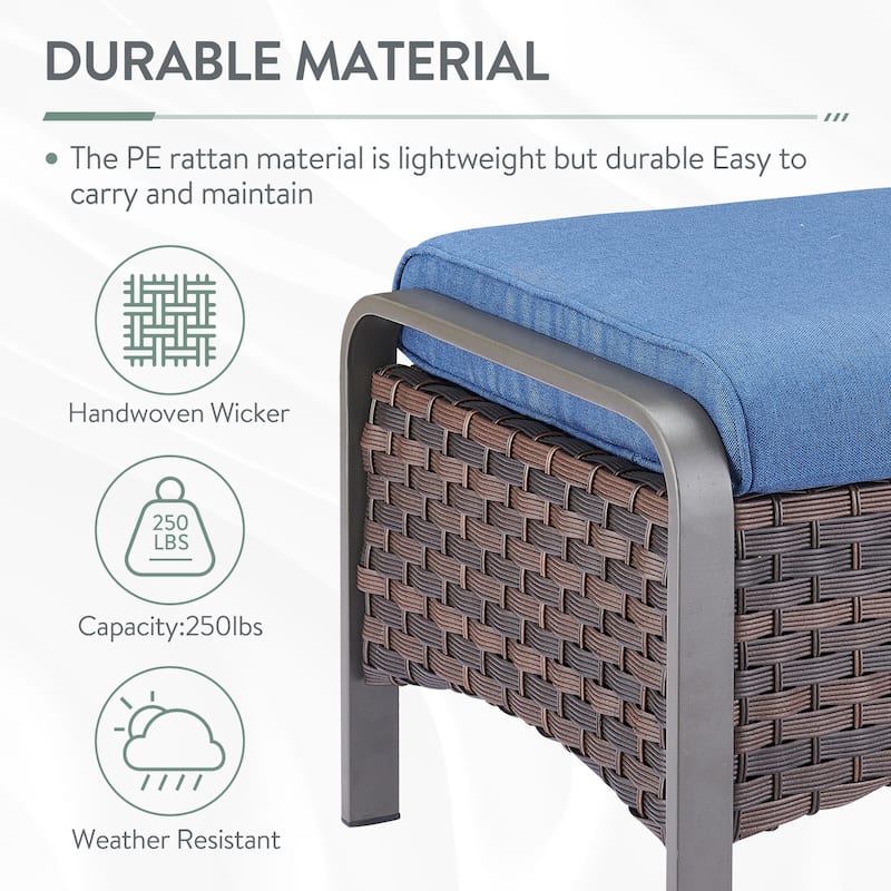 Outdoor Footstool with Removable Olefin Cushions - Blue Cushion - Brown