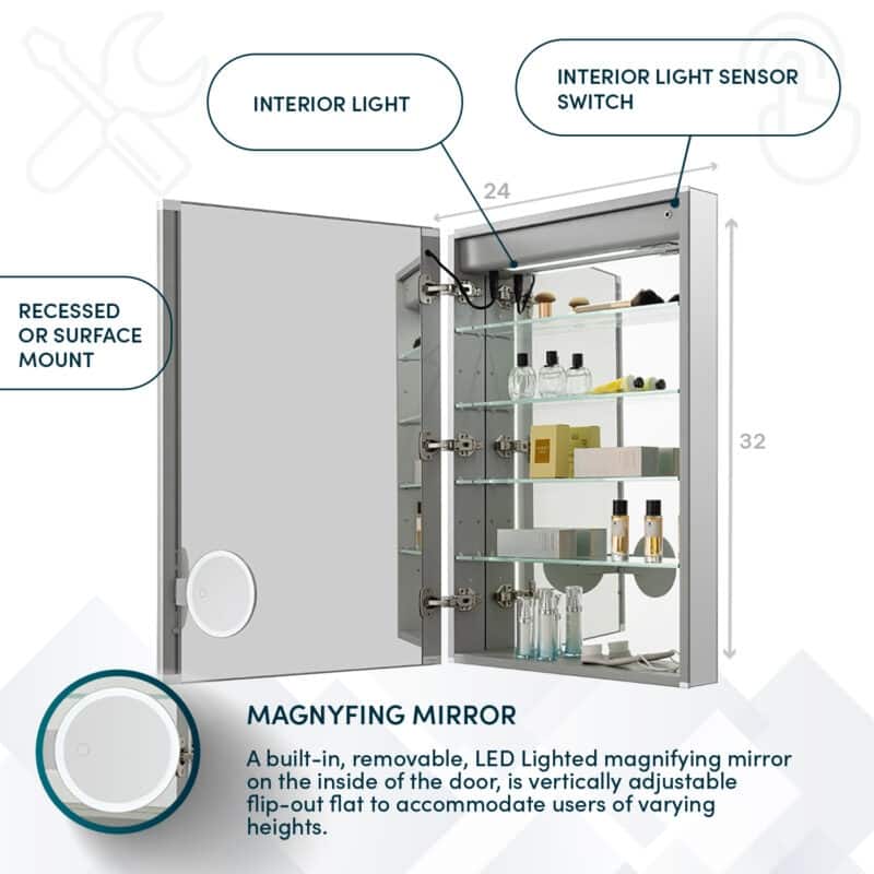 AQUADOM Edge Royale 24W Bathroom Led Lighted Medicine Cabinet Defogger, 3X LED Adjustable Magnifying Mirror, Electrical Outlets
