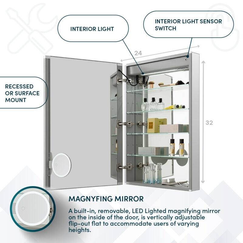 AQUADOM Edge Royale Bathroom Led Lighted Medicine Cabinet Defogger, 3X LED Adjustable Magnifying Mirror, Electrical Outlets.