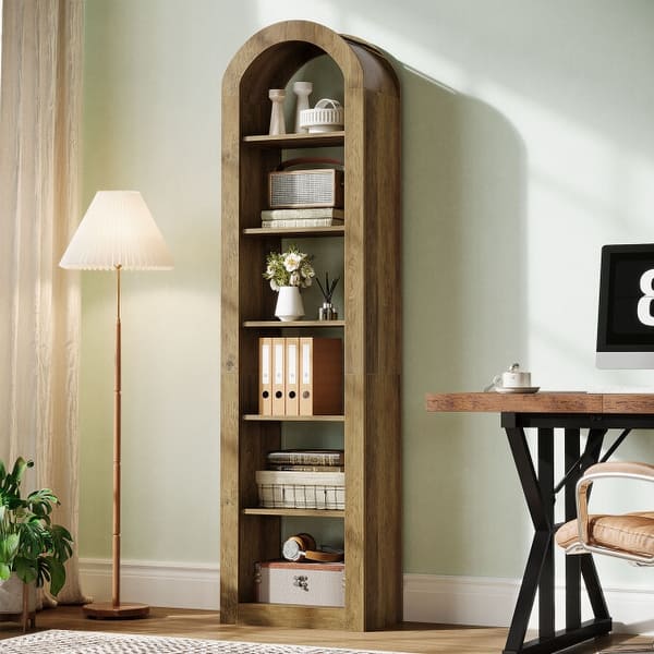 slide 2 of 21, 6-Tier Wooden Tall Bookshelf, 74.8 Inches Rustic Arched Bookcase 1PC - Brown